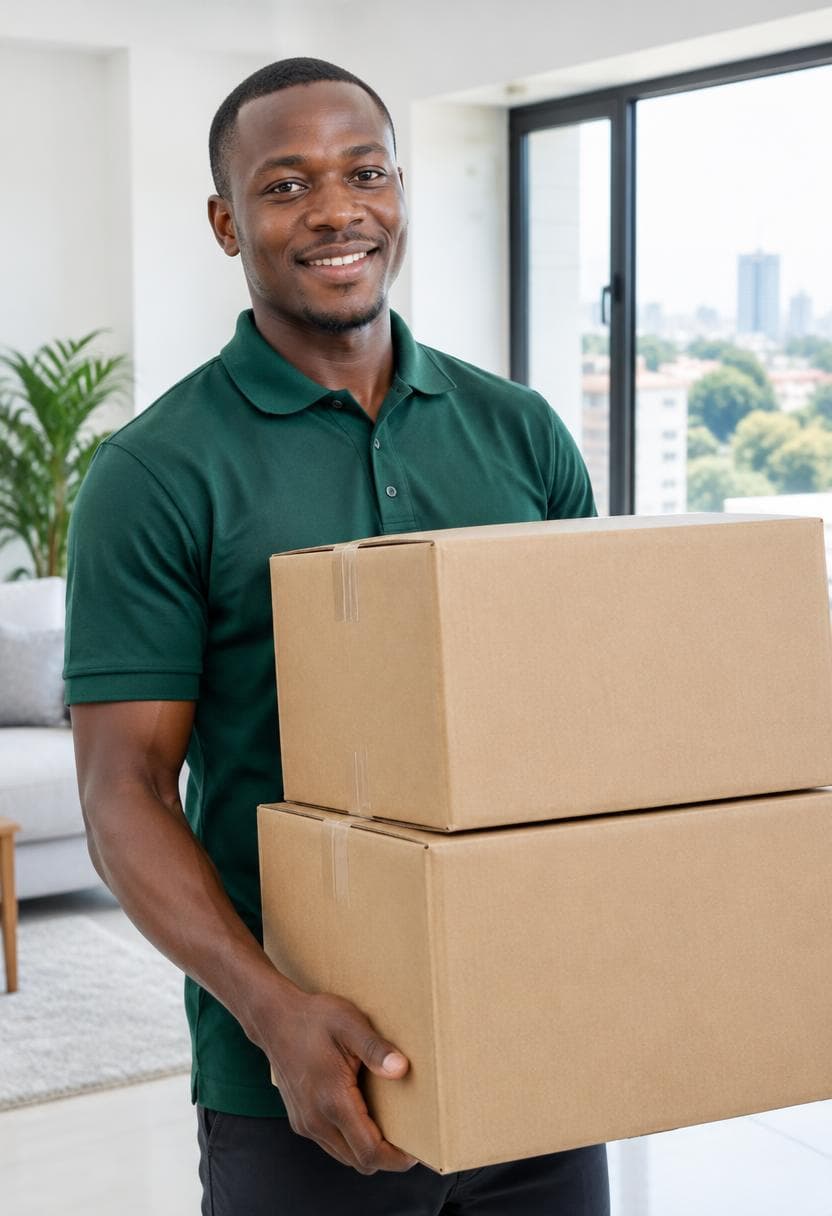 A friendly mover carrying packed boxes